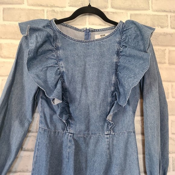 Bershka Denim Frill Dress Womens XS Long Sleeve Ruffle - Picture 2 of 10